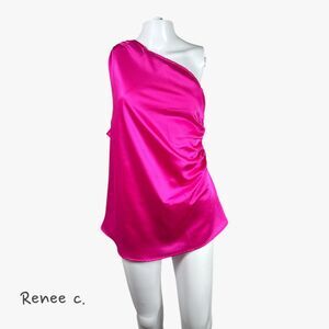 Renee C. Women's One Shoulder Ruched Satin Top in Neon Pink Sz L Glam